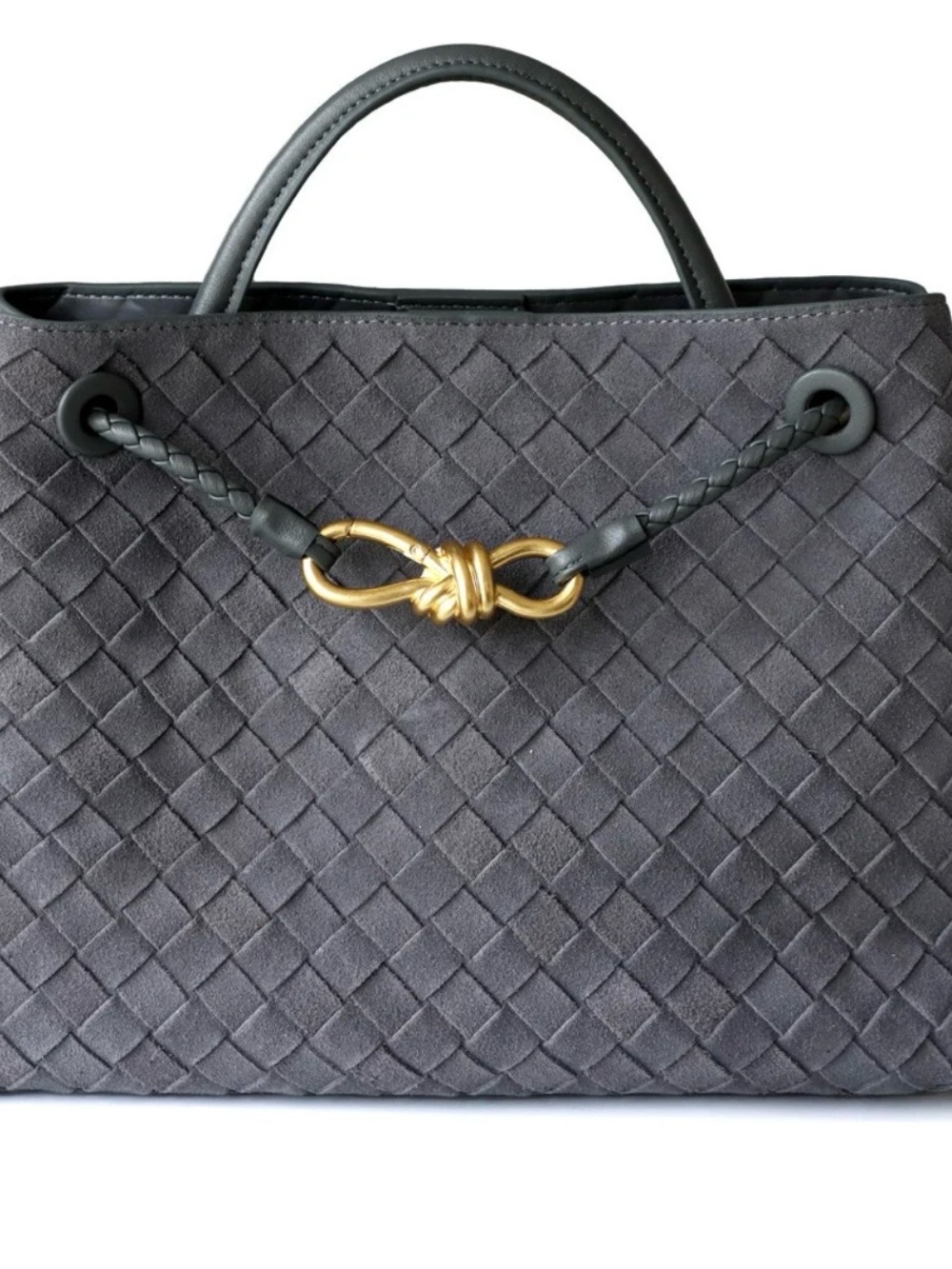 Bottega Veneta Style Gray Woven Suede Tote with Gold Knot